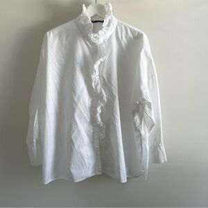 Zara White Ruffled Button-Front Women's Shirt